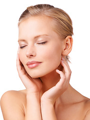 Image showing Calm woman, makeup and relax with facial treatment for beauty, cosmetics or skincare on a white studio background. Face of young female person or model in satisfaction for soft skin or wellness