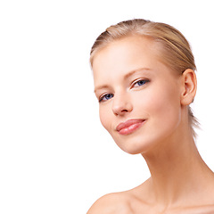 Image showing Portrait, beauty and space with natural woman in studio isolated on white background for wellness. Skincare, face and cosmetics with confident young model on mockup at salon for dermatology treatment