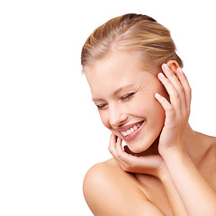 Image showing Happy woman, makeup and beauty with skincare, cosmetics or facial treatment on a white studio background. Face of young female person or model with smile in satisfaction for hygiene on mockup space