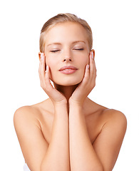 Image showing Woman, relax and skincare with natural beauty for facial treatment, cosmetics or makeup on a white studio background. Face of young female person or model in satisfaction for soft skin or wellness