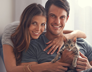 Image showing Couple, kitten and portrait in home on sofa with hug for love, bonding or care for pet in living room. People, man and woman with kindness, embrace or pride for baby cat in lounge for animal adoption