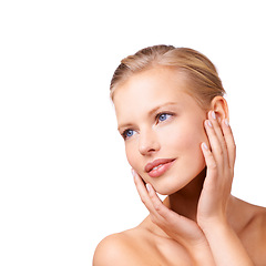 Image showing Happy woman, thinking and makeup with beauty in skincare, cosmetics or facial treatment on a white studio background. Face of young female person, blonde or model with smile or vision on mockup space
