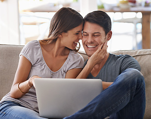 Image showing Happy couple, laptop and love on sofa with good news, support or care in living room at home. Excited man or woman with smile on computer together for online browsing, alert or notification at house