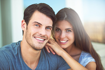 Image showing Happy, love and portrait of couple on sofa relaxing and bonding together in living room at home. Smile, romance and young man and woman with positive attitude resting in lounge at apartment.