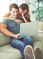 Image showing Laptop, bonding and woman hugging man on sofa networking on social media, website or internet. Happy, love and female person embracing husband reading online blog with computer in living room at home