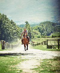 Image showing Cowboy, saddle and man riding horse with speed on field in countryside for equestrian or training. Nature, summer and running with mature horseback rider on animal at ranch outdoor in rural Texas