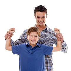 Image showing Family, muscle and portrait of father with boy on a white background for bonding, happy and love. Smile, parenthood and face of dad flex with son for support, care and playing together in studio