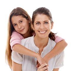 Image showing Mother, child and hug in portrait with smile for love, security and comfort, bonding and trust on white background. Nurture, safety and support, happy woman and young girl for family time together
