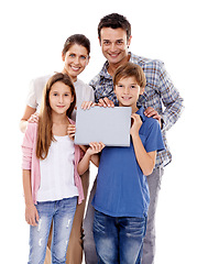 Image showing Parents, kids and studio with space on placard in portrait with smile for love with empty board by white background. Mother, father and children with mockup, promotion or happy for poster with family