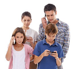 Image showing Family, phone and internet in studio for communication with text message, conversation and video streaming. Father, mother and children with smartphone, technology and mobile chat on white background