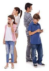 Image showing Family, phone and online in studio with internet for text message, email conversation and video streaming. Father, mother and children with smartphone, technology and mobile chat on white background