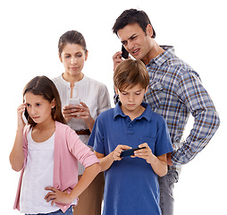 Image showing Family, smartphone and internet in studio for communication with text message, conversation and video streaming. Father, mother and children with phone, technology and mobile chat on white background