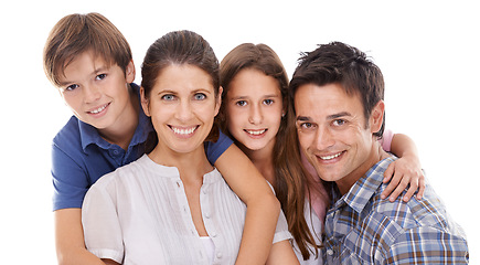 Image showing Happy family, portrait and hug with kids for bonding, embrace or support on a white studio background. Face of mother, father and children with smile for love, care or trust on holiday or weekend