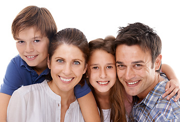 Image showing Happy family, portrait and hug with children for embrace, bonding or support on a white studio background. Face of mother, father and kids with smile for love, care or trust on holiday or weekend