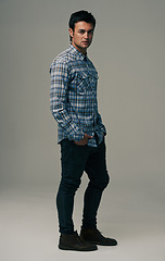 Image showing Attractive man, portrait and fashion with style or shirt with patternon a gray studio background. Male person, adult or young model in casual clothing, stylish outfit or confidence on mockup space