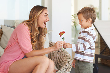 Image showing Flower, gift and excited mom of a child with a present and giving for mothers day with a smile in home. Happy, celebration and young boy with surprise for holiday in living room with plant in lounge