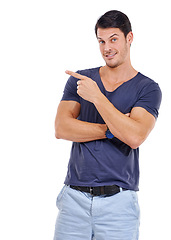 Image showing Portrait, man and pointing gesture isolated on white studio background with mockup space for advertising, marketing and presenting. Male model, confidence and happiness with copy space for display