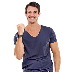 Image showing Portrait, happy and man with fist pump for success, victory or winning in studio on mockup. Excited, male person and smile for celebration of achievement, good news or triumph on white background