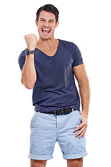 Image showing Portrait, man or smile with fist pump for success, victory or winning in studio on white background. Excited, happy and male winner for celebration of fashion, achievement and triumph on mockup