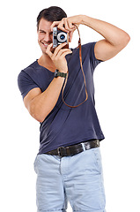 Image showing Portrait, photographer and happy man with retro camera for isolated on white studio background. Creative, paparazzi and smile of cameraman with vintage lens for hobby, photoshoot or taking pictures