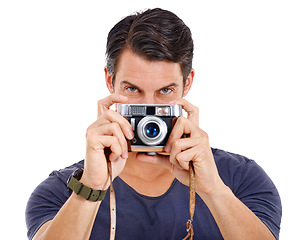 Image showing Portrait, photograph and man with camera, freelancer and model isolated on white studio background. Face, person and guy with equipment and vintage with retro and photoshoot with memory and hobby