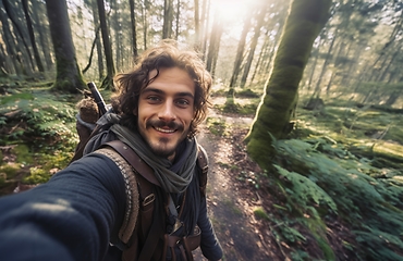 Image showing Capturing the essence of his woodland adventure, a hiker snaps a selfie amidst the lush forest trails, blending nature and self-expression seamlessly.Generated image