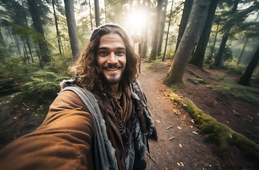 Image showing Capturing the essence of his woodland adventure, a hiker snaps a selfie amidst the lush forest trails, blending nature and self-expression seamlessly.Generated image