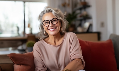 Image showing In her sunlit living room, the modern elderly woman exudes sophistication, wearing glasses, creating a chic and cozy atmosphere.