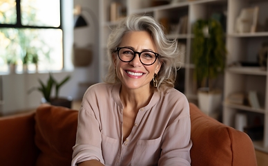 Image showing In her sunlit living room, the modern elderly woman exudes sophistication, wearing glasses, creating a chic and cozy atmosphere.