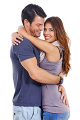 Image showing Portrait, happy or couple hug in studio for love, romance or care for commitment to marriage isolated on white background. Smile, man and woman embrace for connection, support or healthy relationship