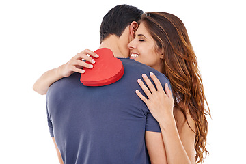 Image showing Happy, paper and heart with couple, hug and relationship isolated on white studio background. Embrace, man or woman with gift, love or symbol with Valentines day or romantic with marriage and smile