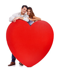 Image showing Couple, smile and love paper in studio for romance, heart and care with portrait and mockup on a white background. Young woman and man with red poster, shape and marketing space for valentines day