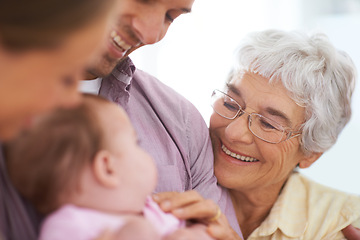 Image showing Family, grandmother with baby and parents for happiness at home, people bonding with love and relationship. Support, trust and care with old woman meeting young child, smile for pride and generations