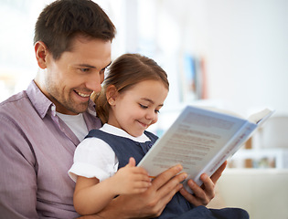 Image showing Father, kid with book for reading and knowledge, happy with bonding at home and storytelling for education. Man, young girl and story time for studying and learn with love and care together in lounge