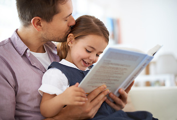 Image showing Father, girl and reading book in family home, smile and daughter with happy expression. Childcare, development and growth in education, single parent and kid in living room for fantasy story time