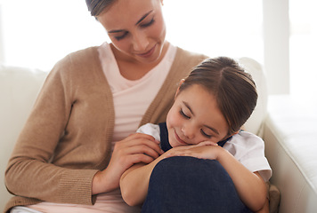 Image showing Family, mother and sleeping child on couch for rest, love and care with security, comfort and bonding in support. Happy woman, young girl and dream during nap with peace, relax and trust at home