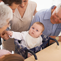 Image showing Parents, grandparents and baby with portrait in home with bonding, security and healthy development. Family, men and women or infant in high chair with serious face, vulnerable and parenting in house