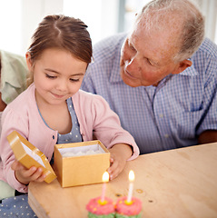 Image showing Grandfather child and open gift box, birthday party with celebration for special event and happy family at home. Old man with young girl, unboxing present with gratitude and cupcake for dessert