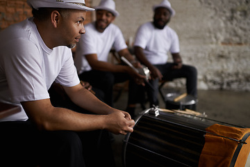 Image showing Band, drums and playing or percussion live performance or music talent together or practice, concert or sound. Artist, professional and entertainment in Rio de Janeiro or equipment, relax or friends