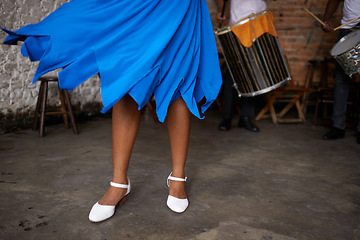 Image showing Closeup, woman and leg with dress for ballroom dancing, samba or salsa in live show at nightclub. Female person, dancer and performer with energy, action and movement for Brazilian music concert