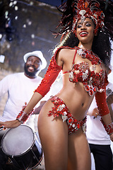 Image showing Black woman, happy and samba with band at night for carnival season celebration in Rio de janeiro with sequins costumes. Female person, dancing and fun at festival with unique fashion for culture