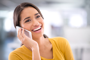 Image showing Smile, office and face of woman with phone call for networking, communication or opportunity at startup. Smartphone, connection and girl at workplace with happy conversation, business chat or talking