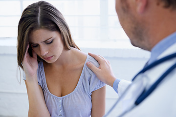 Image showing Woman, doctor and sad or consultation diagnosis for concern or healthcare treatment, examination or bad news. Patient, medical worker and sympathy support at clinic or care advice, disease or comfort