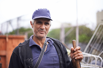 Image showing Man, portrait and street cleaner in city for urban trash or garbage pollution for sweeping, service or waste management. Male person, face and broom in Latin America for rubbish dirt, junk or refuse