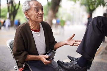 Image showing Man, shoes and shining leather or cleaning service on city street or corporate customer with polish, grease or job. Person, brush and business in downtown Sao Paulo or shine footwear, wax or outdoor