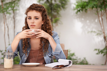 Image showing Woman, thinking and coffee at cafe outdoor with idea and book for day dream and stare. Young female person, bistro and vision with cappuccino, journalist and contemplate at breakfast or lunch