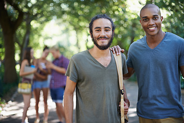 Image showing Students, friends and portrait on campus for learning, knowledge and education with support at college. Happy young men or people in diversity for study, opportunity and outdoor at park or university