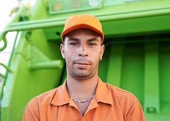 Image showing Municipal, worker and garbage truck portrait, waste management for green energy in protective uniform. Sanitation, employee and environmental service for cleaning city and recycling in trash vehicle