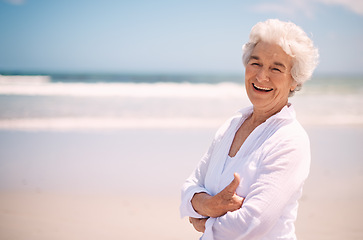 Image showing Old woman, portrait and beach relax or travel holiday on vacation or retirement relaxing, summer or journey. Female person, face and Florida seaside as senior citizen or ocean, mockup or peace