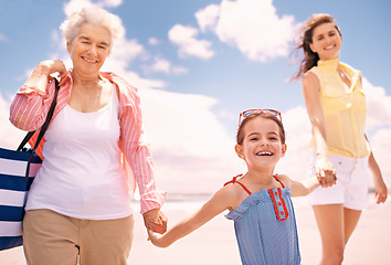 Image showing Mother, child and grandmother or holding hands on beach as portrait for generation love, bonding or vacation. Female people, face and smile on seaside in Florida for holiday travel, family or outdoor